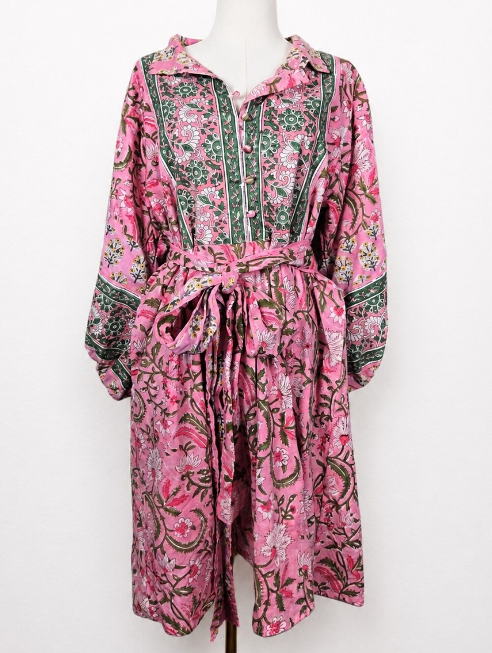 Sue Sartor Pink Floral Belted Shirt Dress Block Print Balloon Sleeve Boho Large
